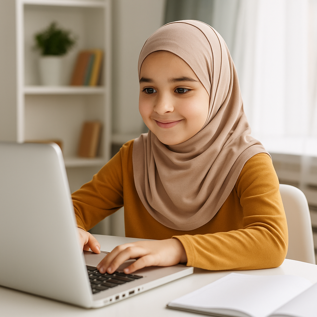 Young Muslim girl student smiling in classroom
